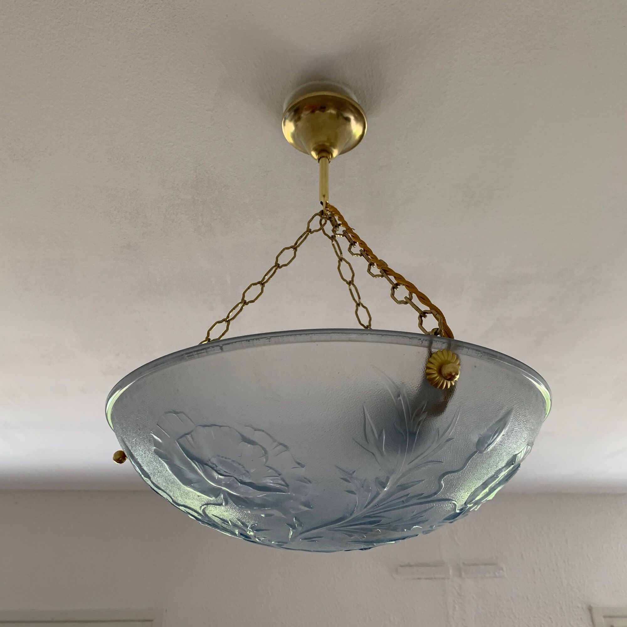 Art Deco vasque in glass pressed blue floral decoration France 1930