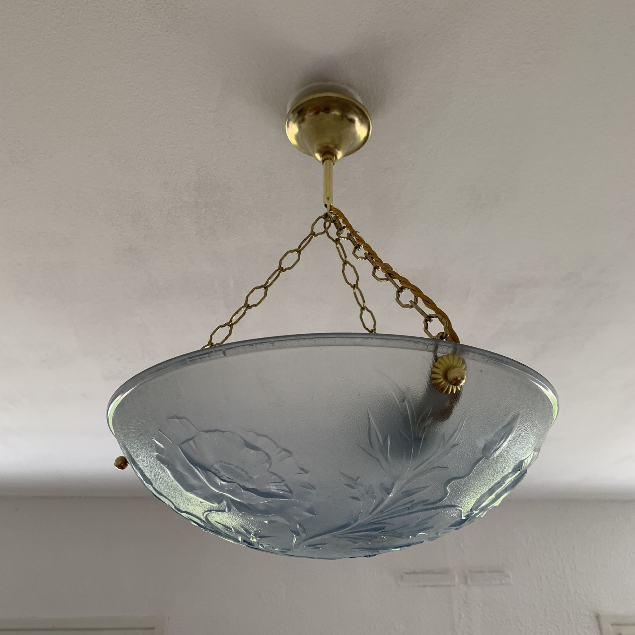 Art Deco vasque in glass pressed blue floral decoration France 1930