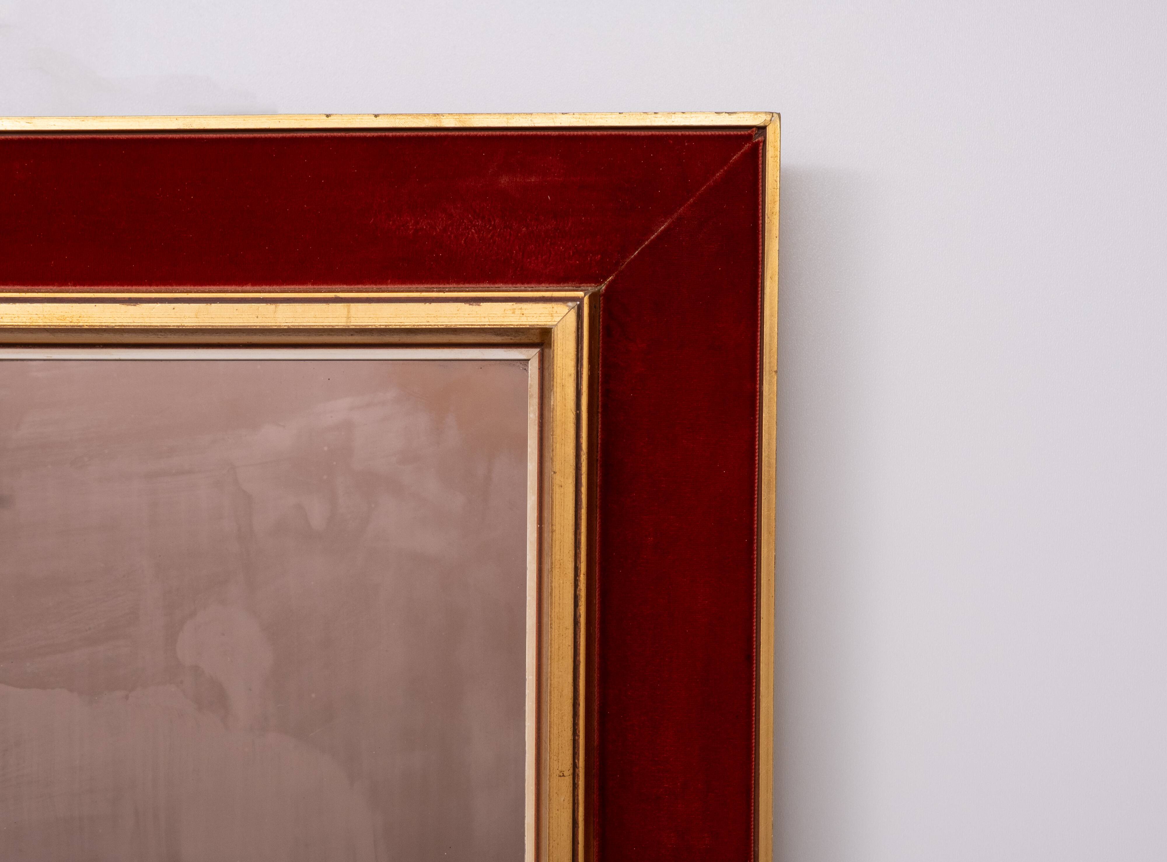 Large Red Velvet Bronze wall Mirror 1960s Italy Status: