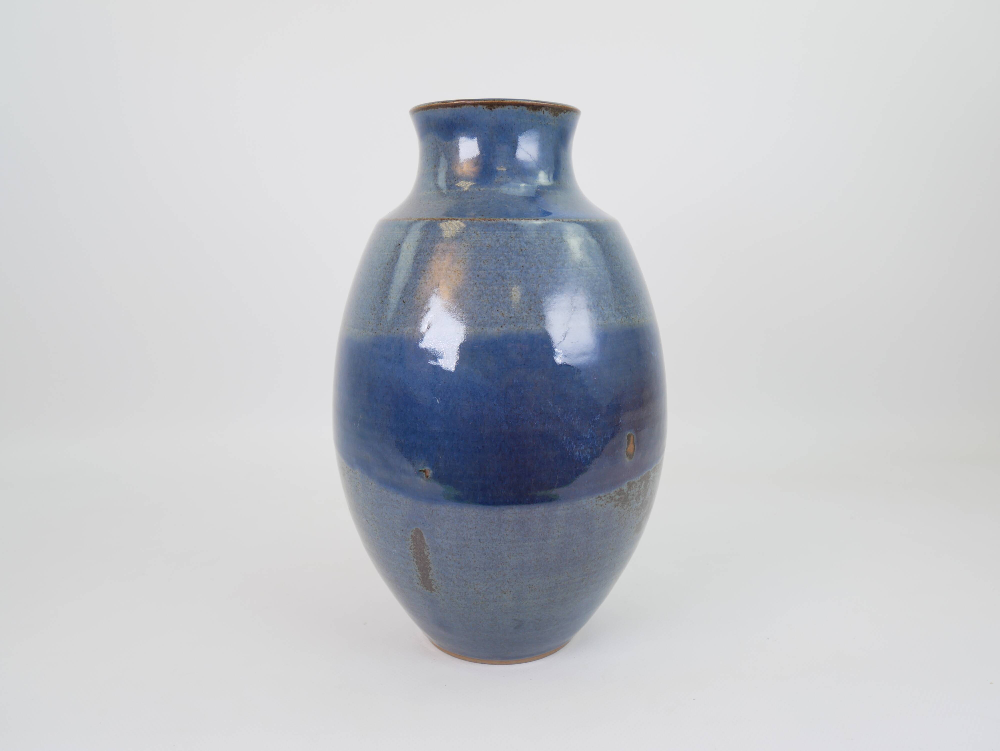 Large blue glazed ceramic vase signed under the base