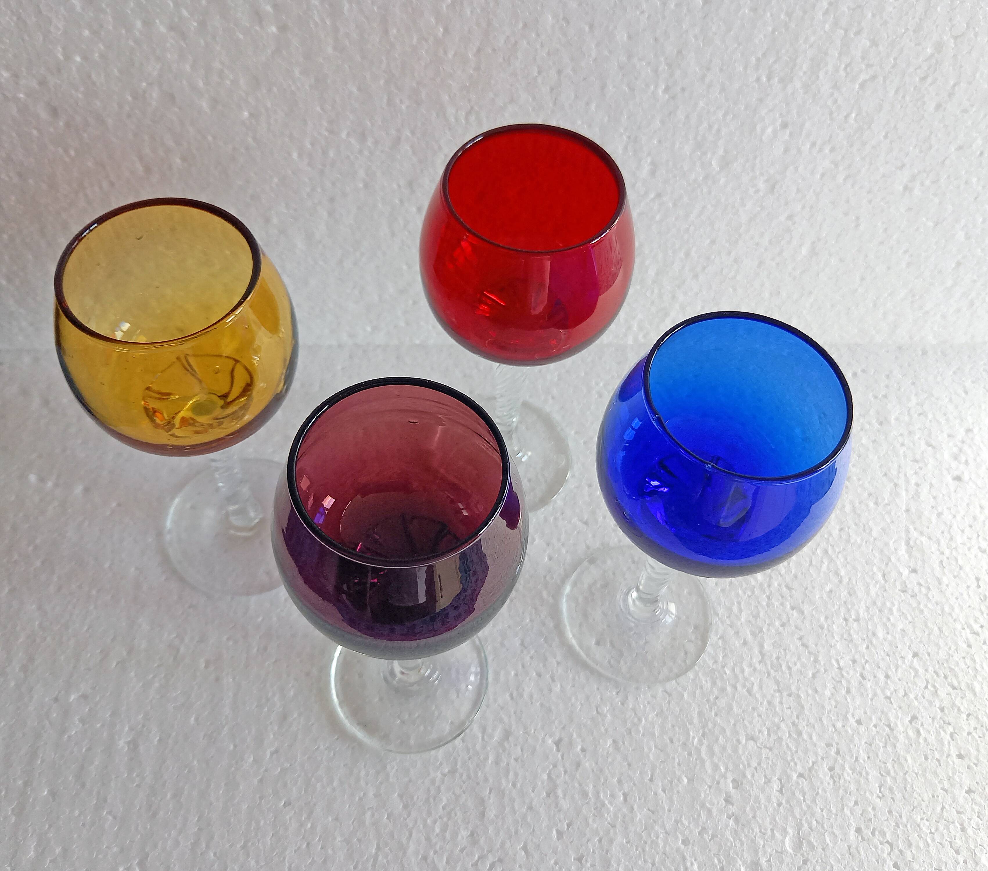 4 Antique Stemmed Liqueur Glasses in Colored Blown Glass