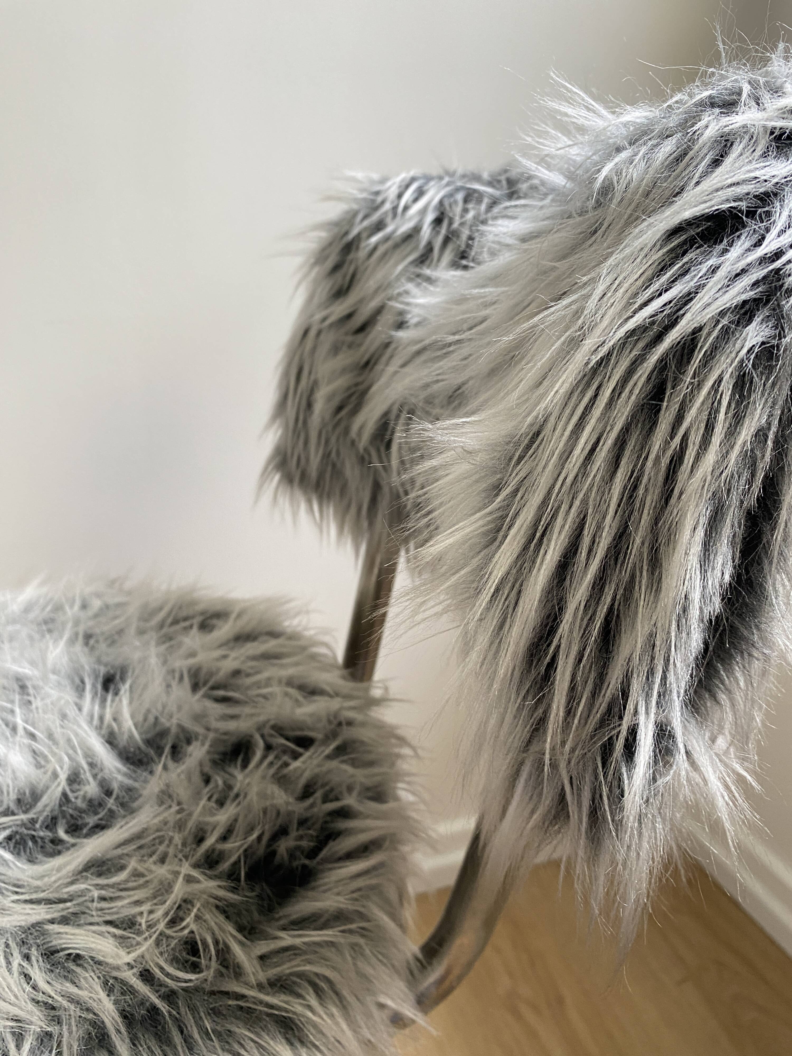 Vintage chair, gray long-haired synthetic fur