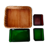 Set with appetizers, wicker tray and 3 colored glass ramekins