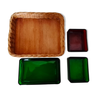 Set with appetizers, wicker tray and 3 colored glass ramekins