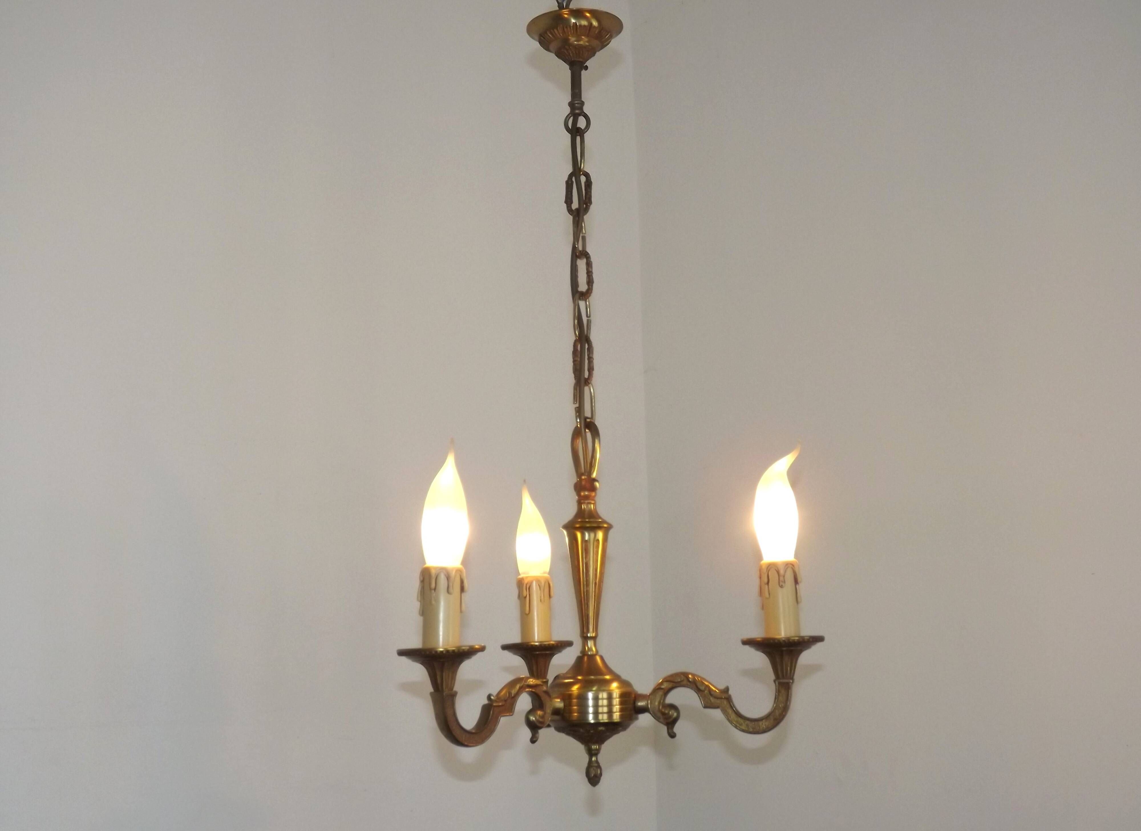 Petite Brass Vintage French Mid Century Traditional 3 Light Chandelier 5365