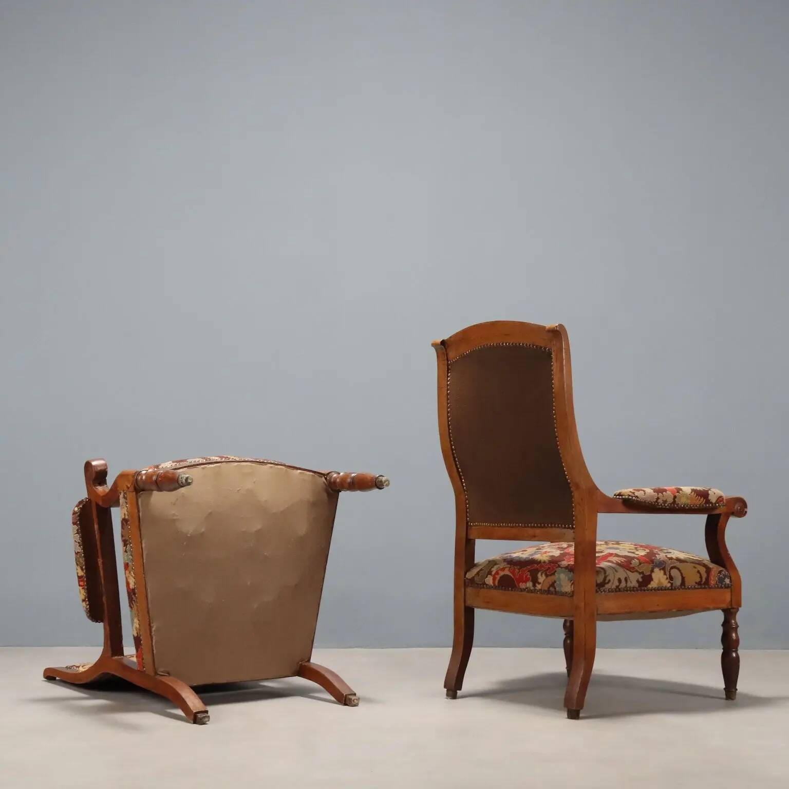 Antique walnut, maple, and fabric armchairs, Italy, late 19th century.