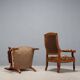 Antique walnut, maple, and fabric armchairs, Italy, late 19th century.