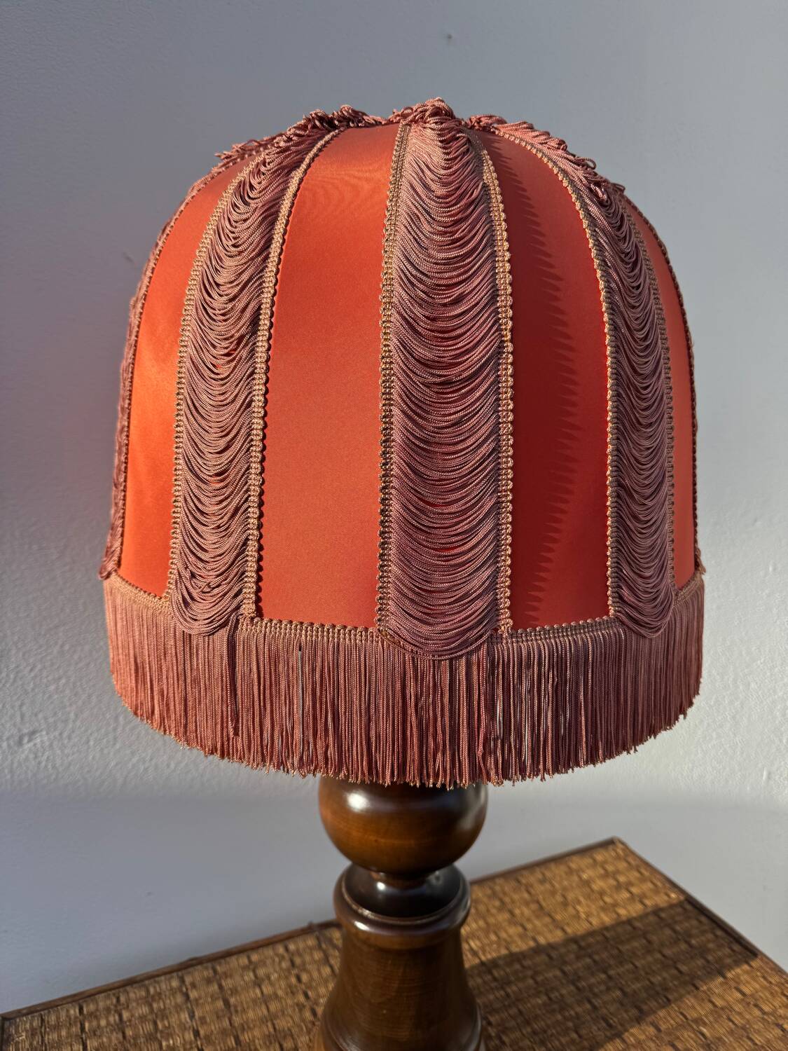 Large 1960s bell-shaped lamp with fringed shade