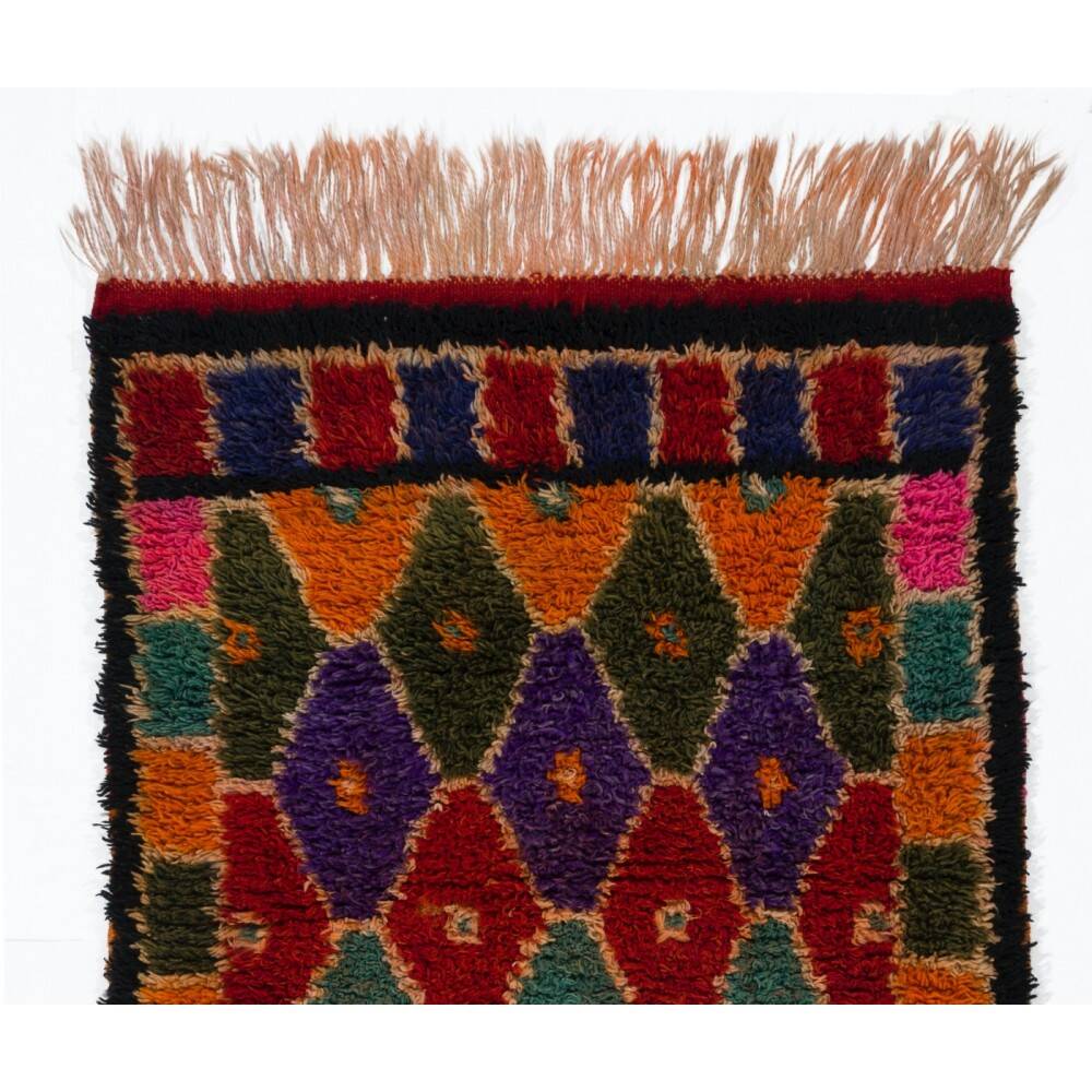 Colorful Vintage Hand-Knotted Turkish Tulu Rug with Geometric Diamond Design, 100% Wool