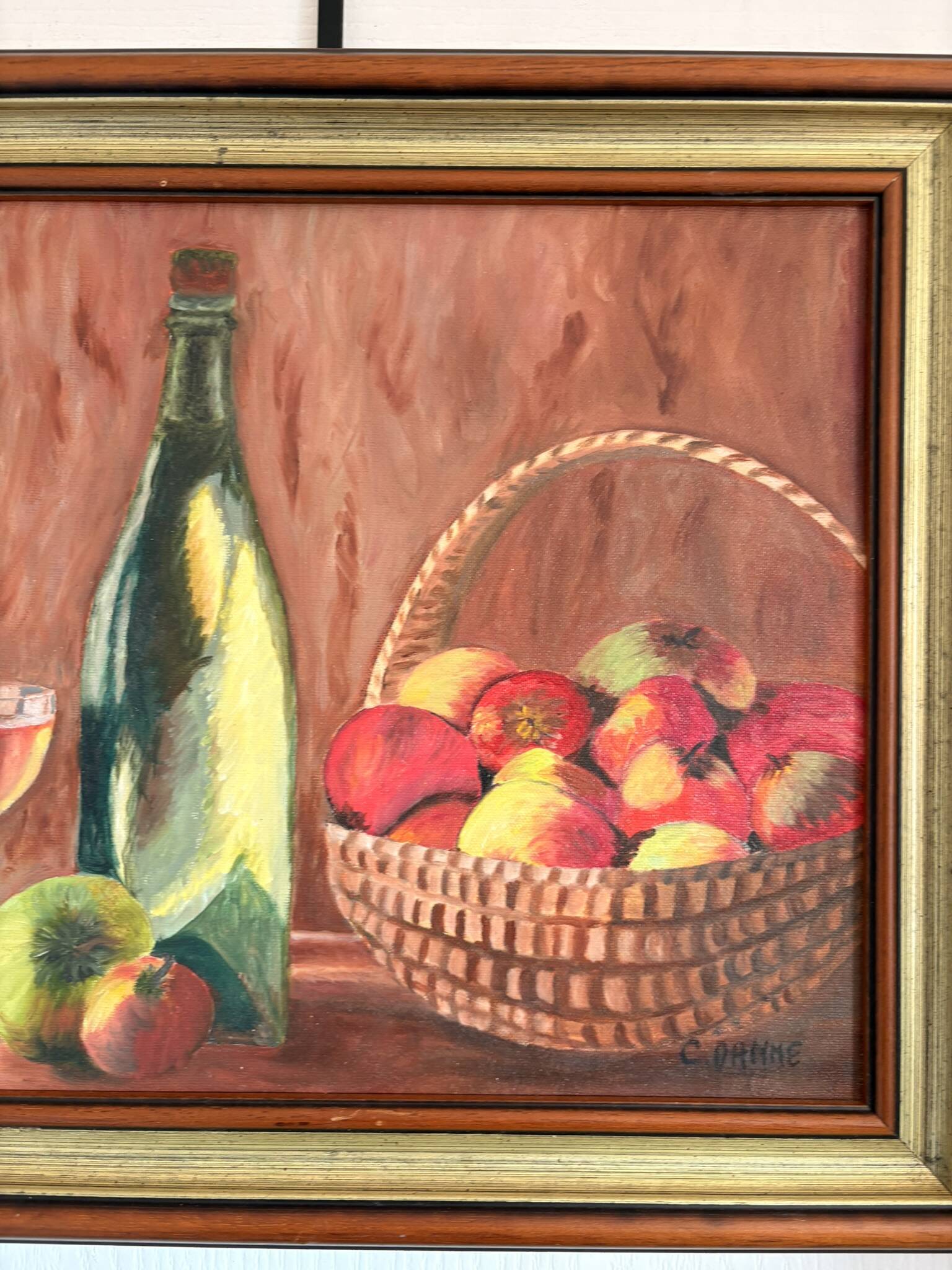 oil painting canvas still life fruit cider Normandy Calvados signed