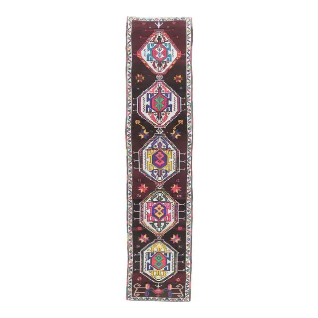Vintage Pink Geometric Turkish Hand-Knotted Runner 83x375