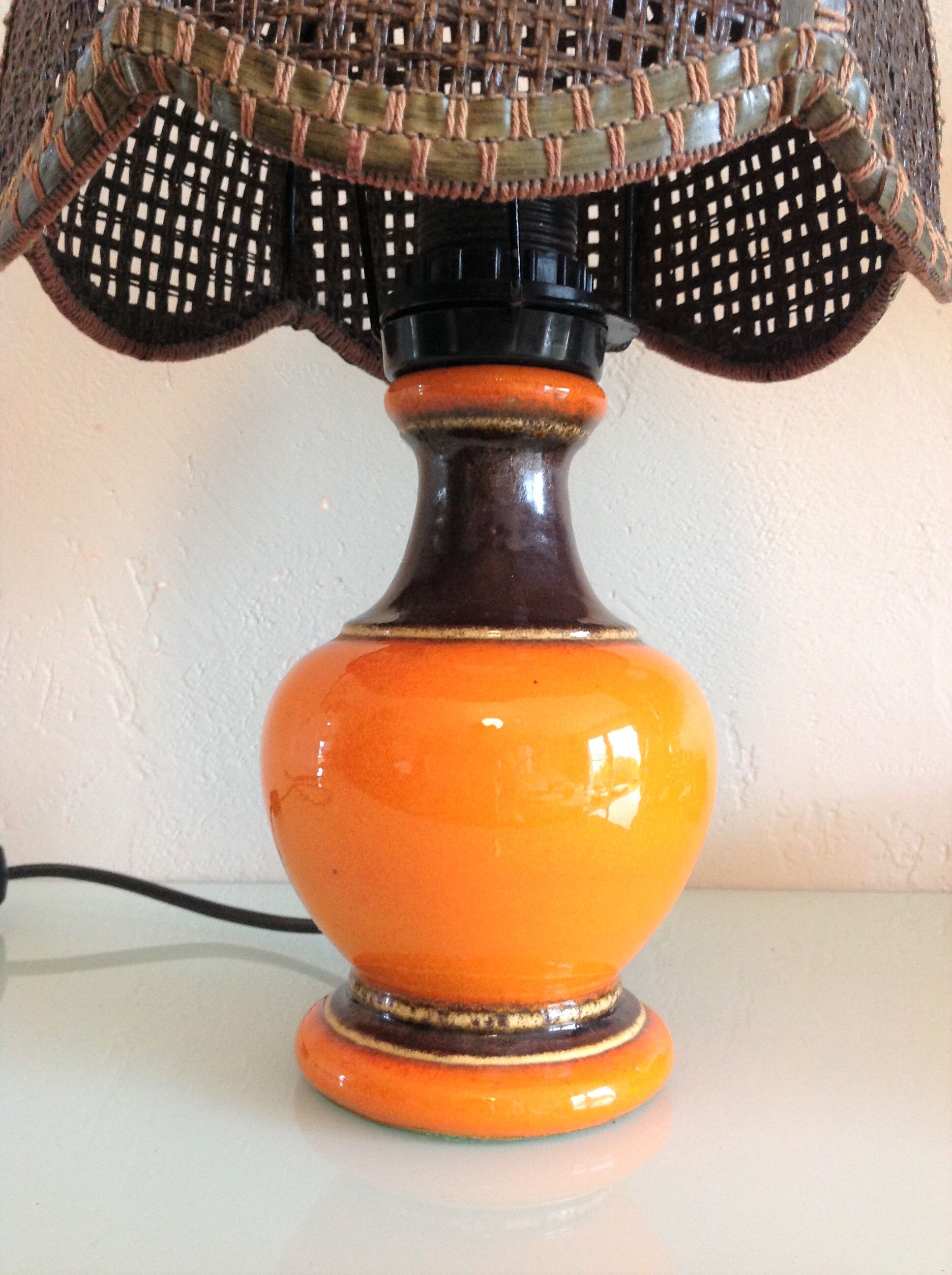 Orange ceramic lamp and brown canned lampshade by Pan Keramik / 60s-70s