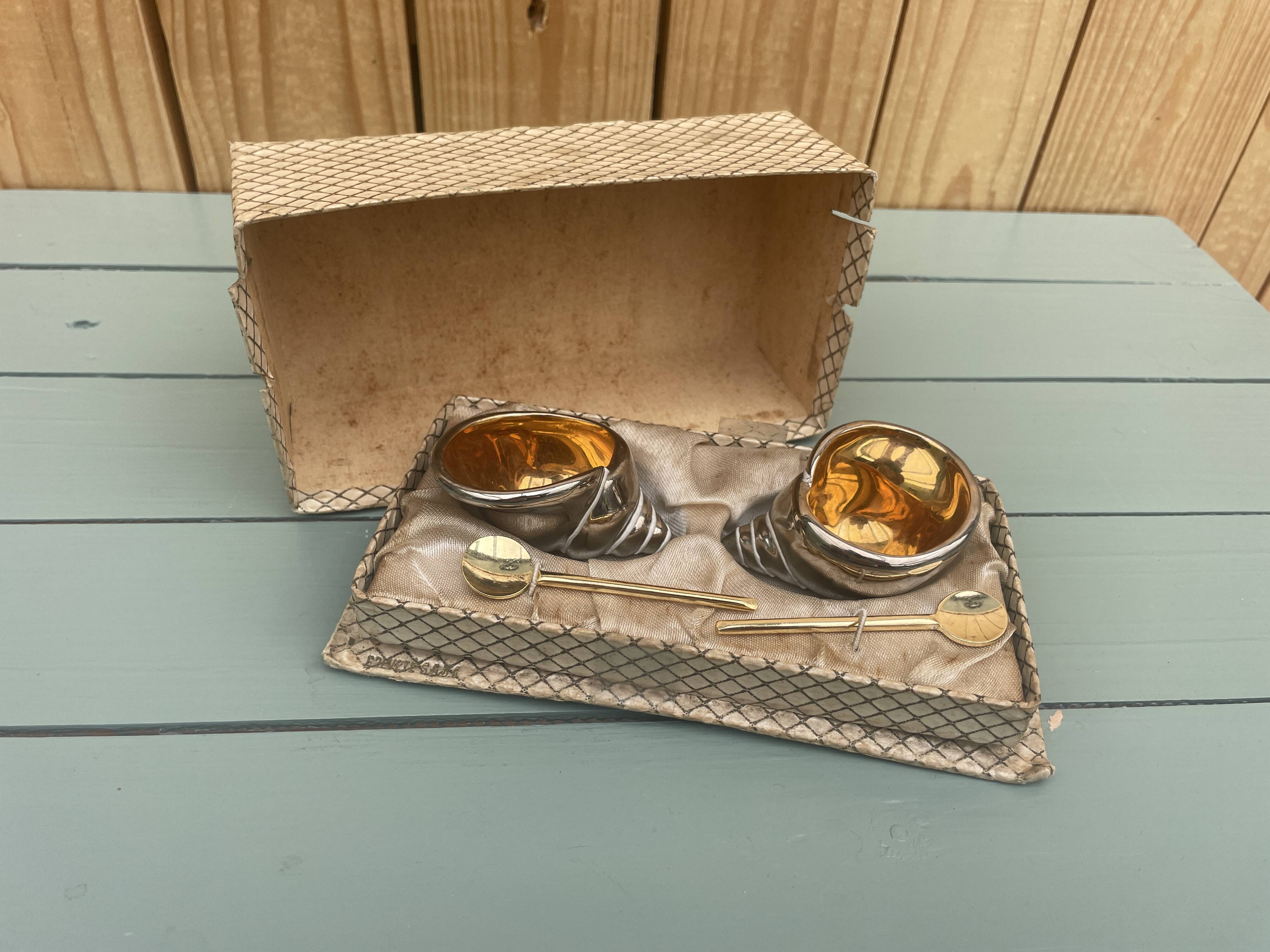 vintage earthenware salt cellars shell decor + golden spoons in box