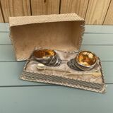 salerons vintage faïence décor coquillage + cuillères dorées en coffret