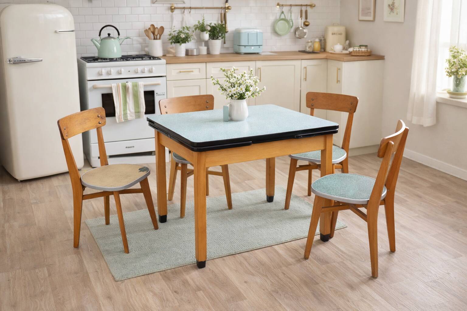 Vintage Scandinavian table and chair set with a wooden frame and formica top.