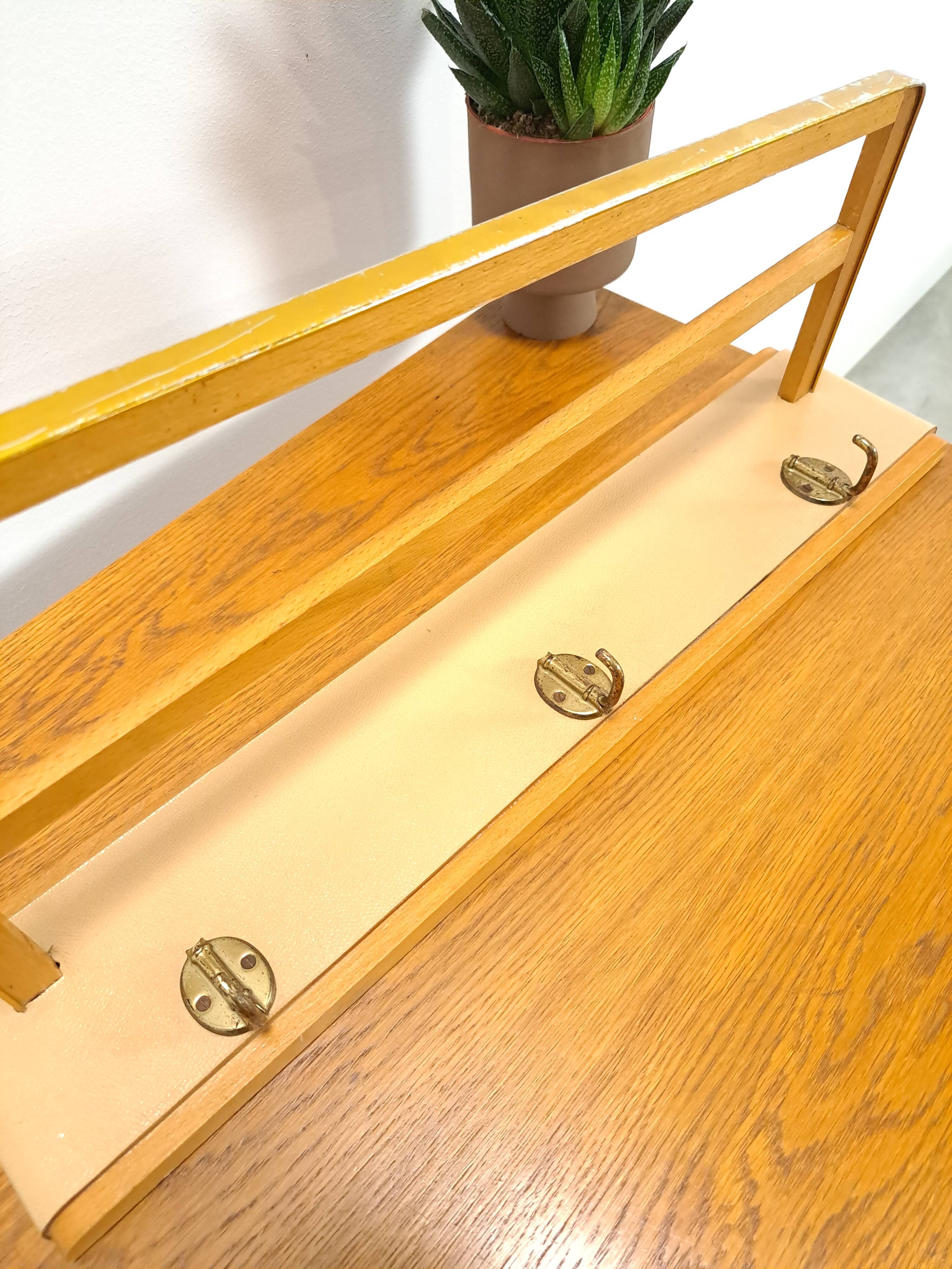 Wall coat rack with brass and leather vintage