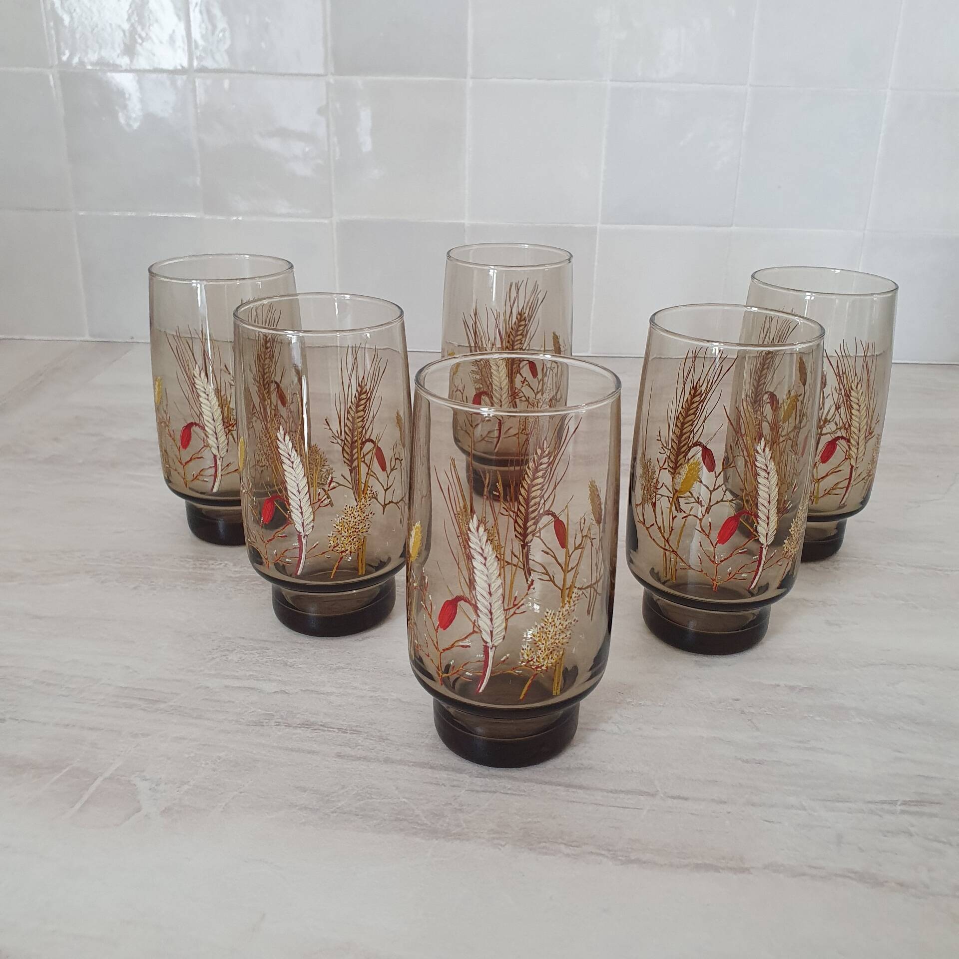 6 large smoked brown glasses