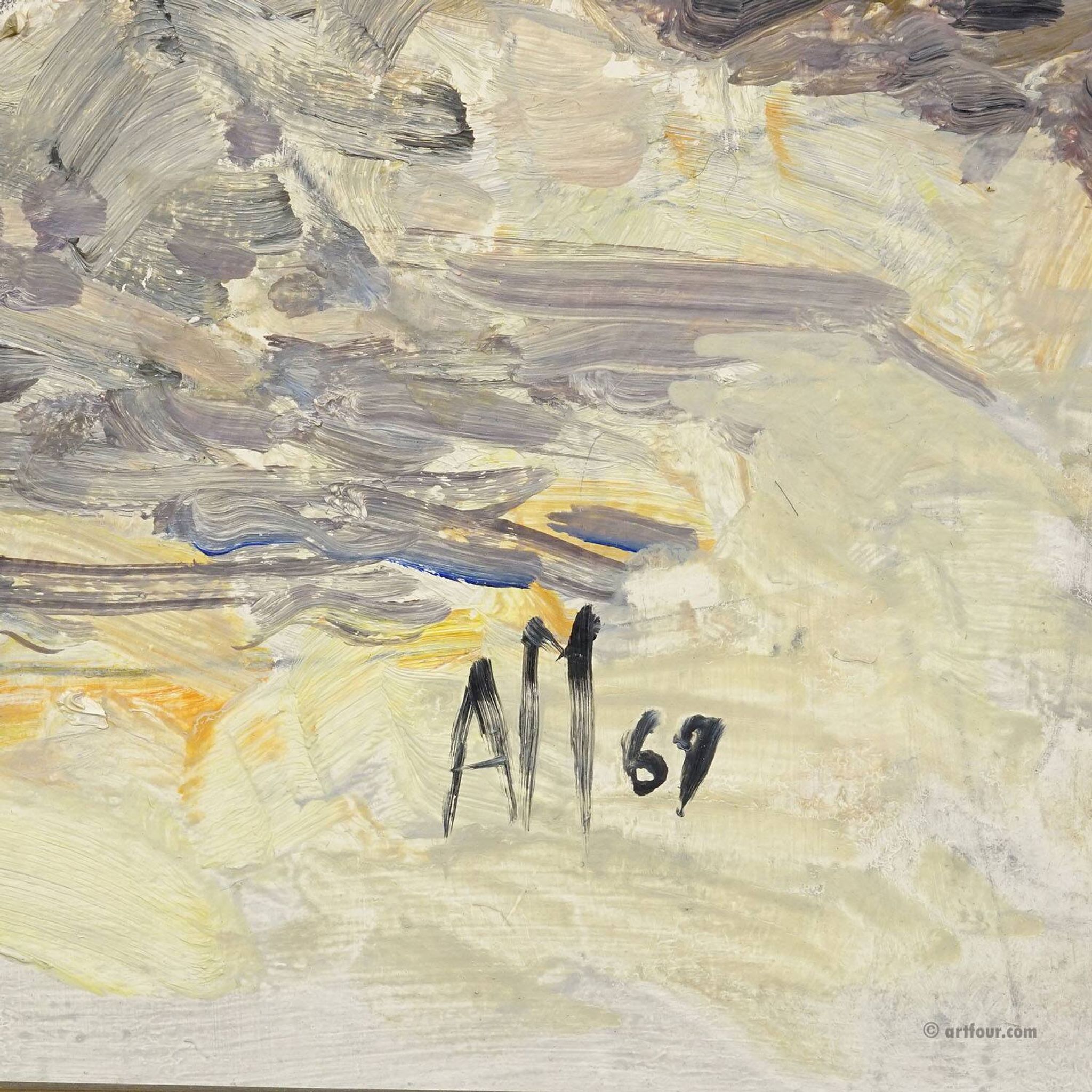 Oil painting by Alexander Michael of an autumn walk in a park, 1969.