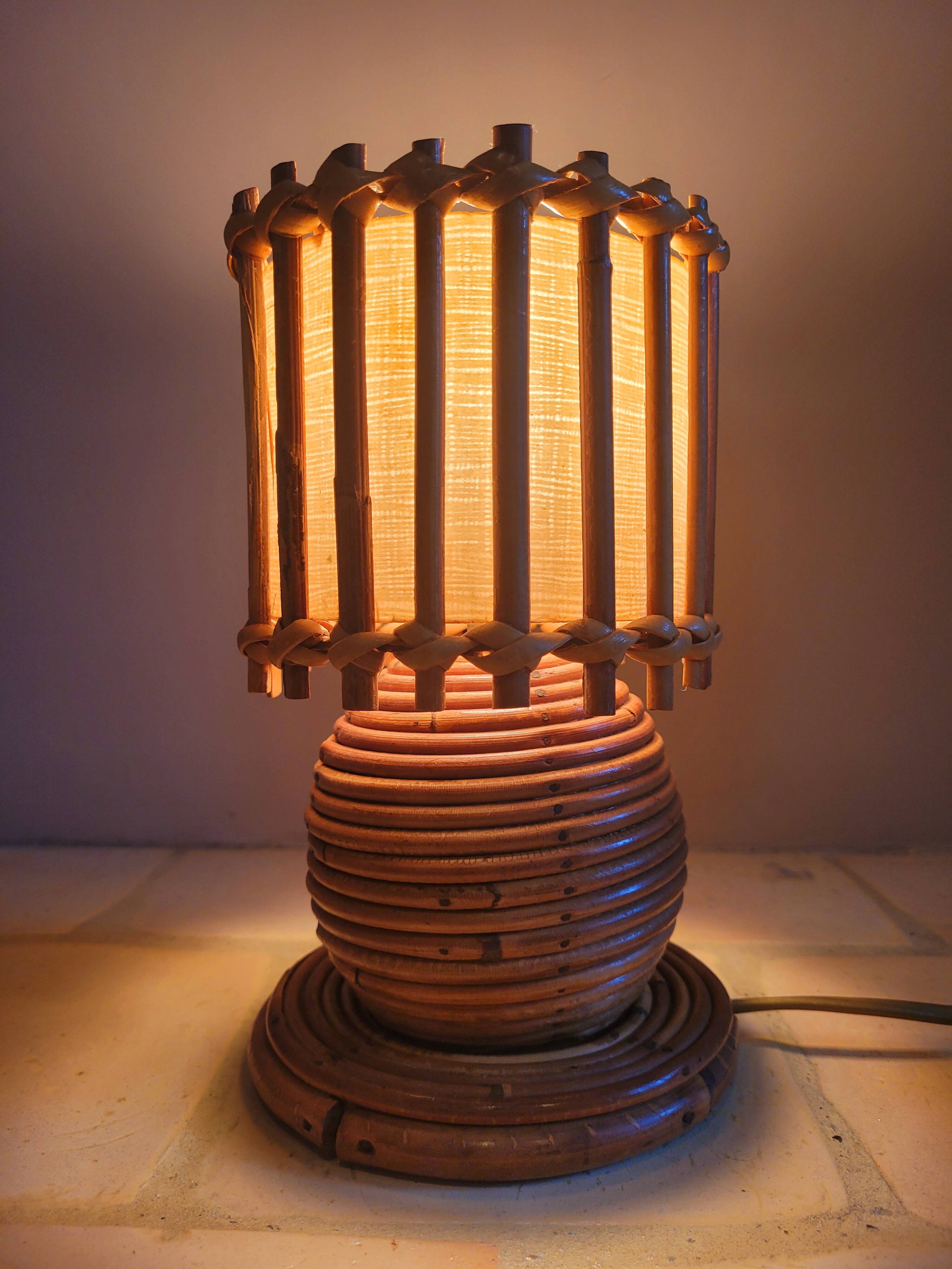 Old vintage Louis Sognot rattan lamp from the 50s and 60s
