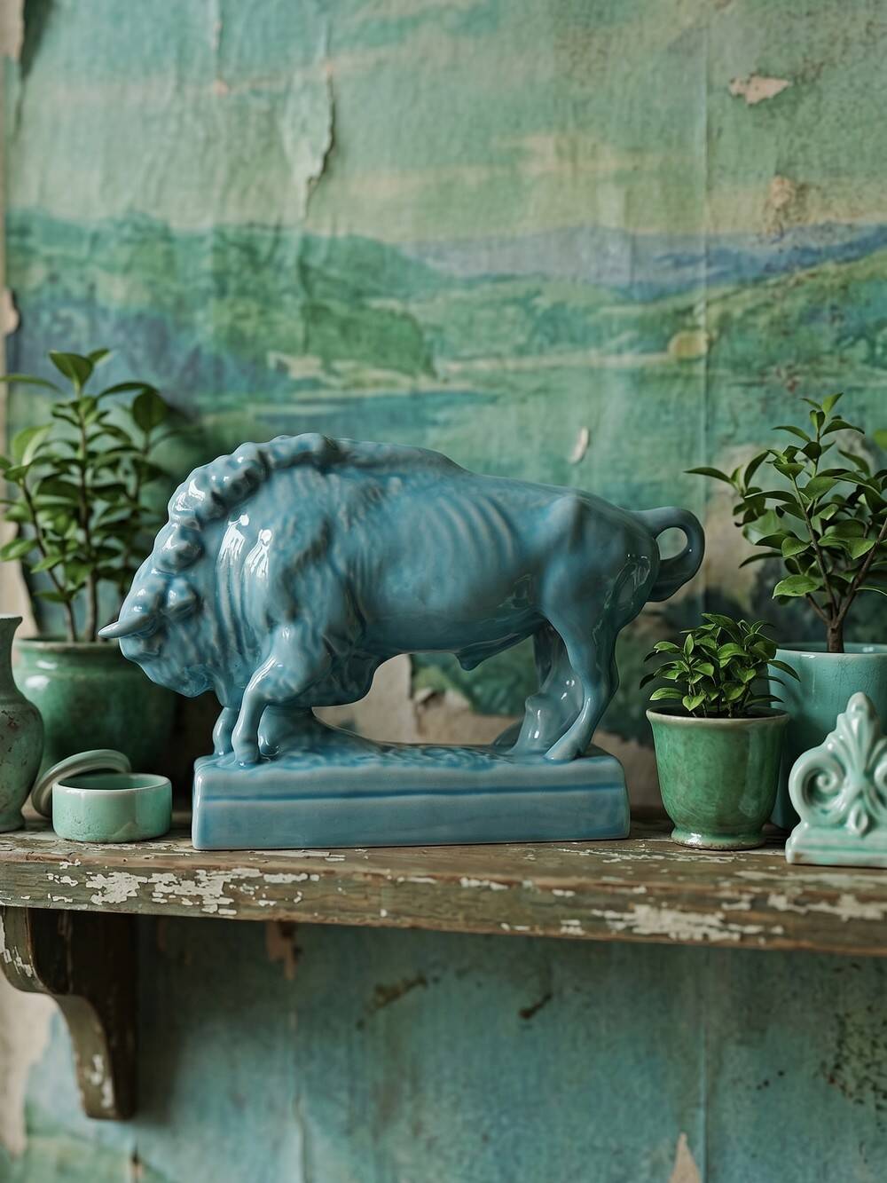 Bison Zsolnay in turquoise glazed earthenware, Hungary, 1940s-50s.