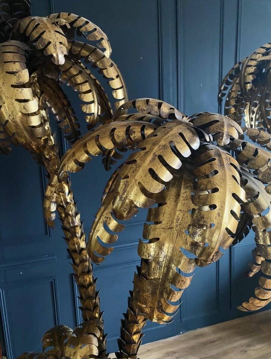 Lampadaire en forme de palmier a 3 branches en métal doré