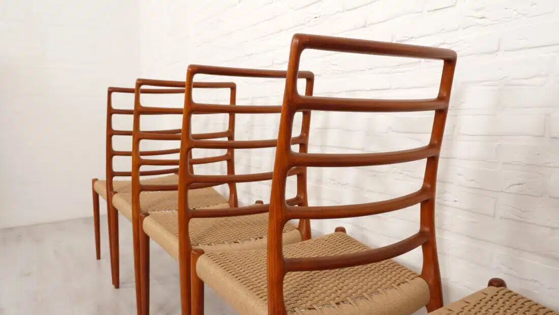 6 x vintage dining chairs | Niels Otto Møller | Model 82 | Papercord | Teak