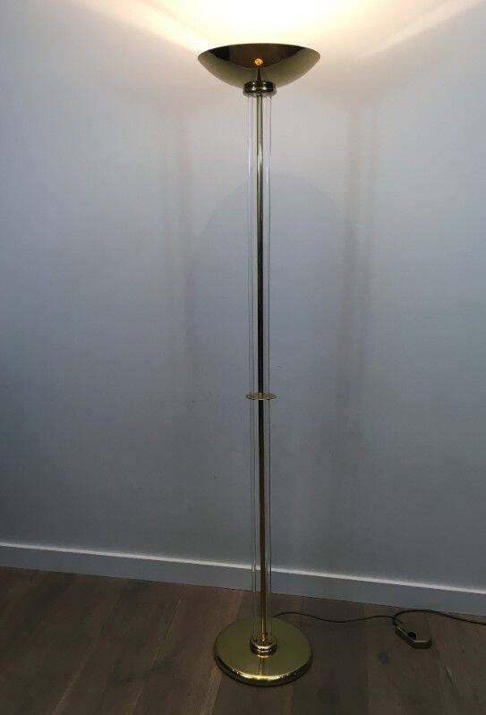 Designer floor lamp in gilded brass and plexiglass