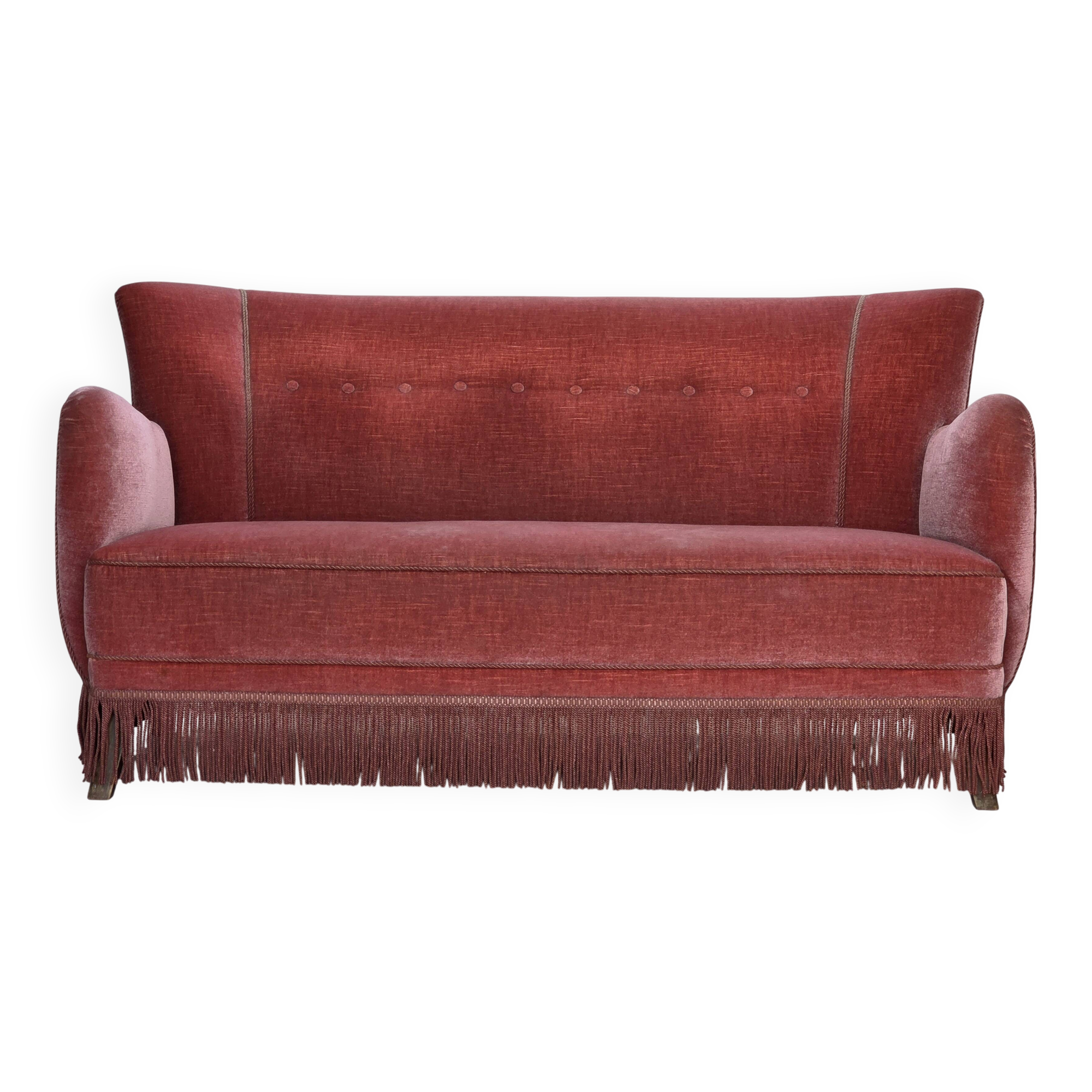 1970s, Danish 2-seater sofa, salmon pink furniture velour, oak wood.