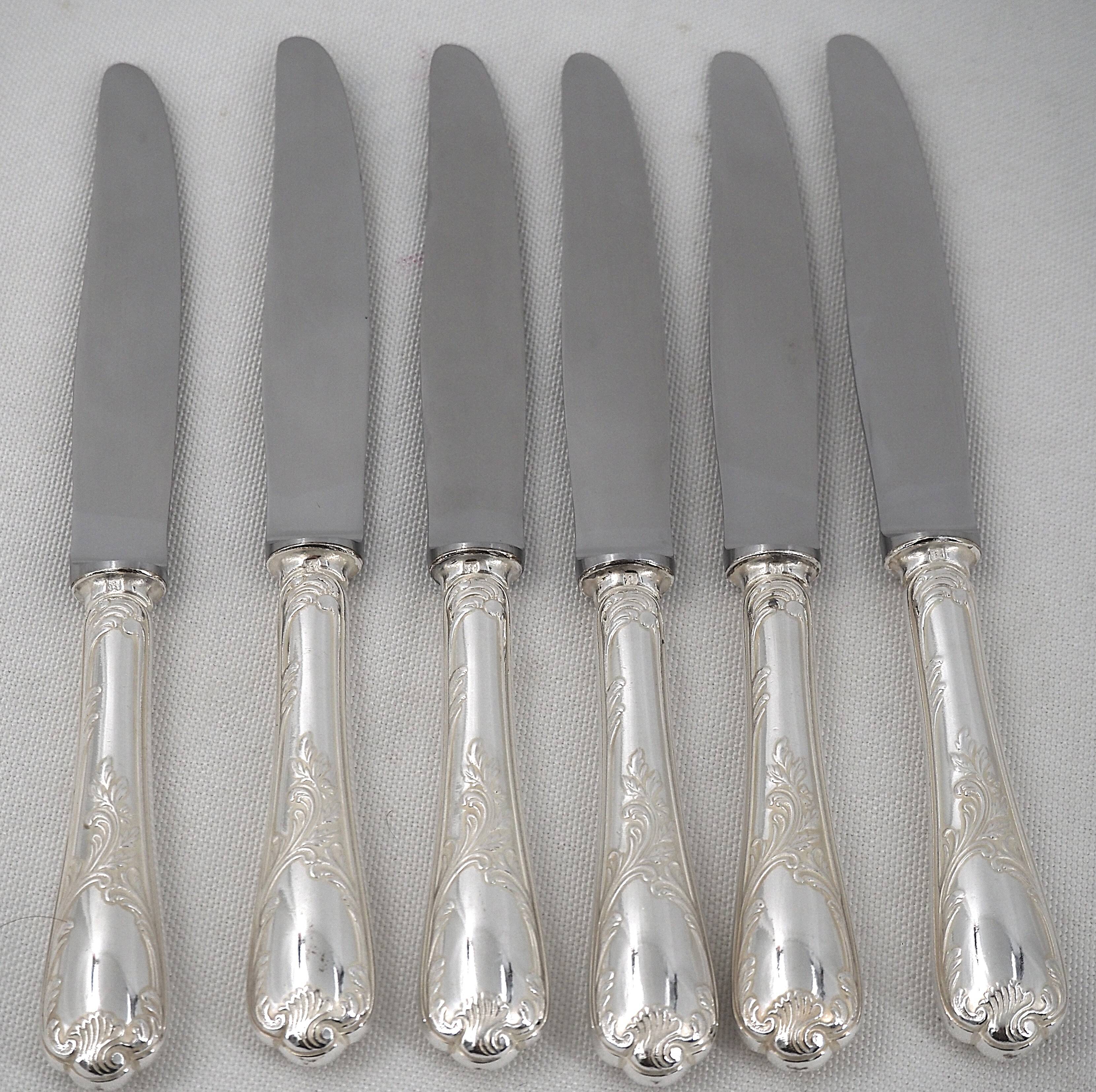 Christofle Marly, 6 dessert knives, for dessert and cheese, silver-plated metal.