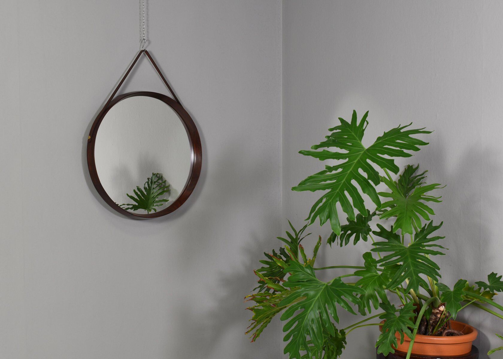 Italian round wall mirror in solid teak leather and brass 1950 68x53cm