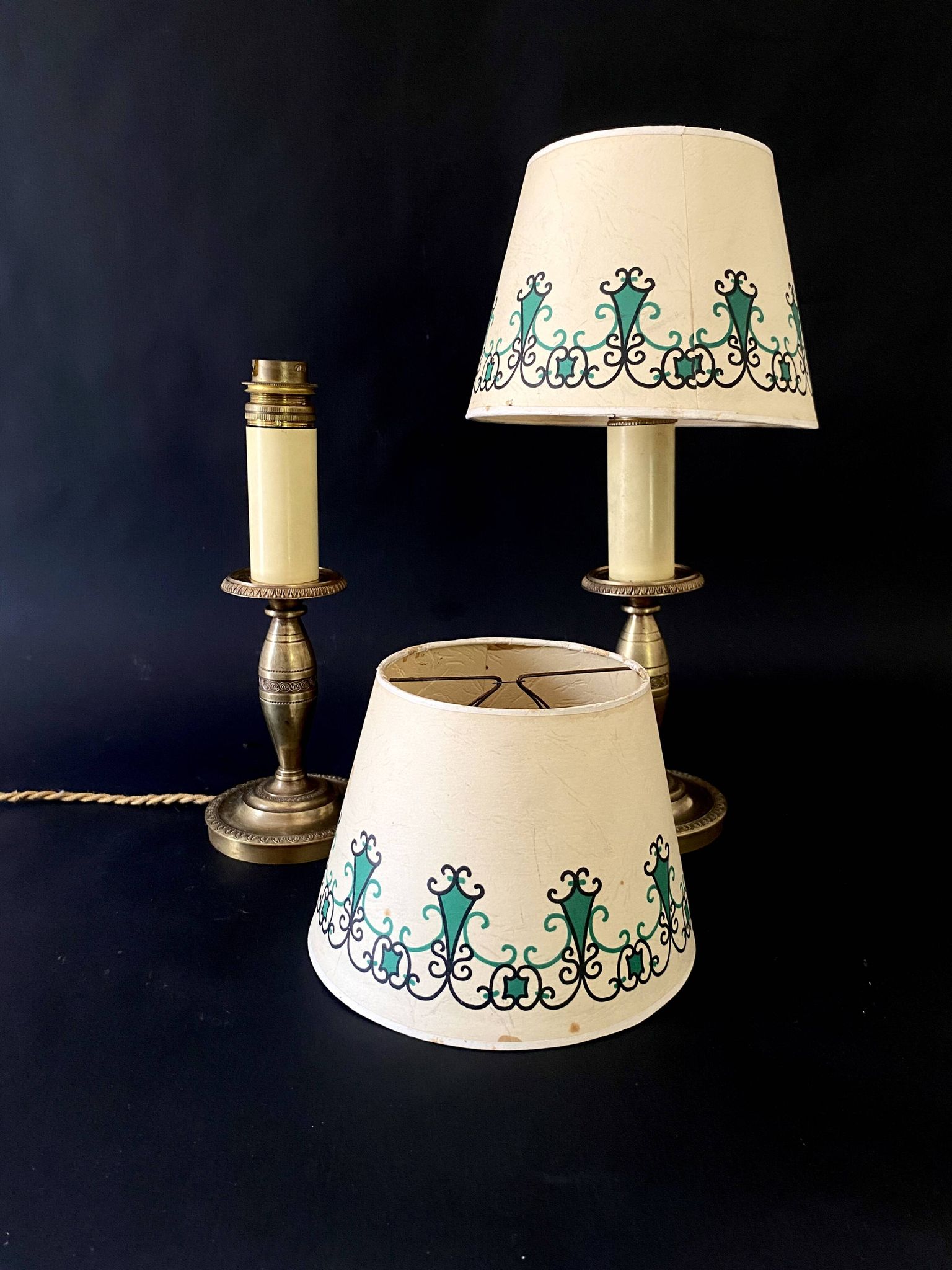 Pair of brass lamps, new 2M fabric cables, paper lampshades