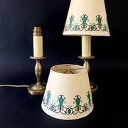Pair of brass lamps, new 2M fabric cables, paper lampshades