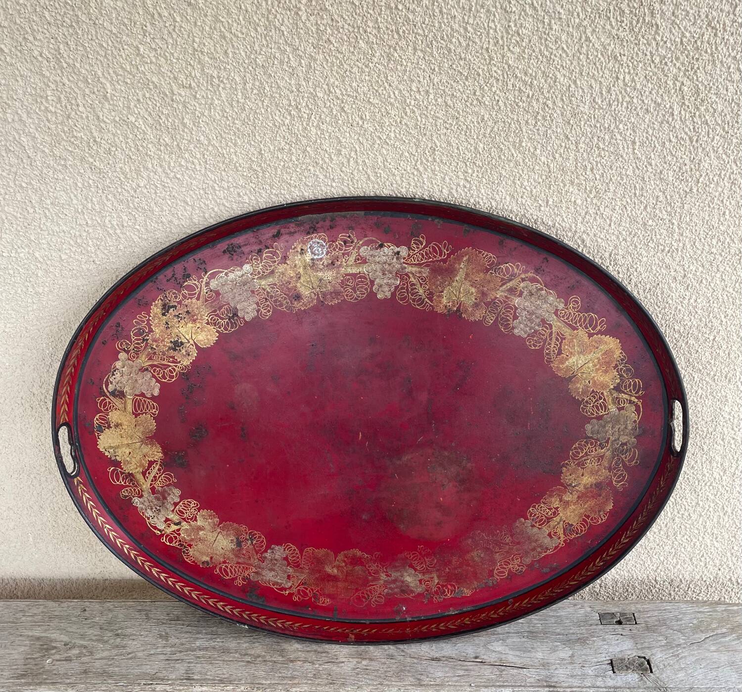 Large Red Lacquered Sheet Metal Serving Tray. Empire Period.