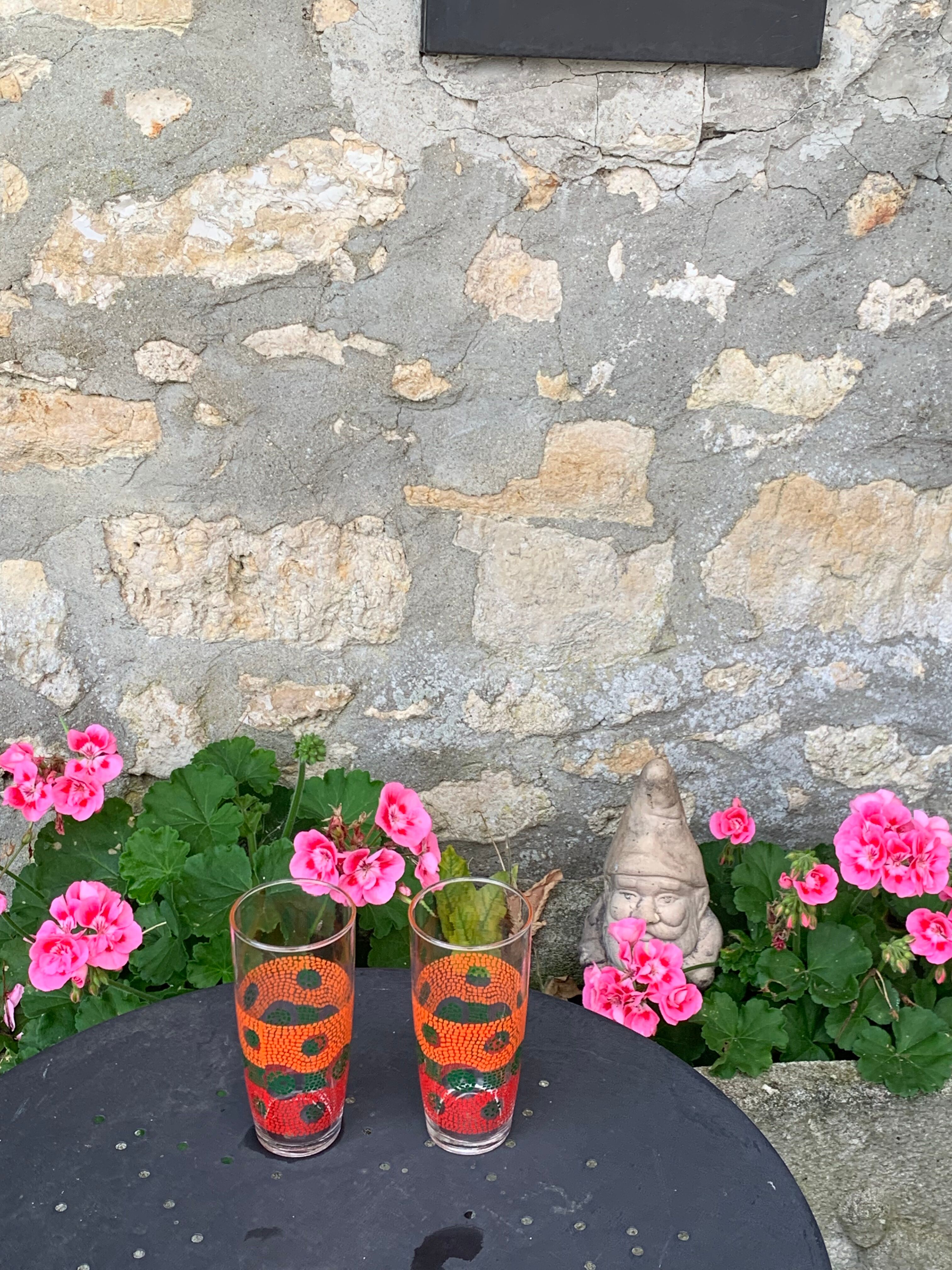 6 glasses to orangeade mosaic orange and green vintage 1970