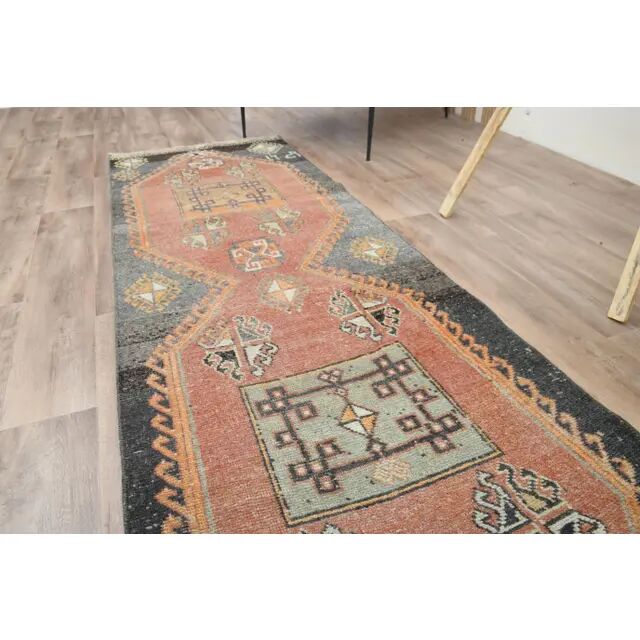 Orange Turkish Vintage Oushak Handmade Wool Rug Runner 76x374
