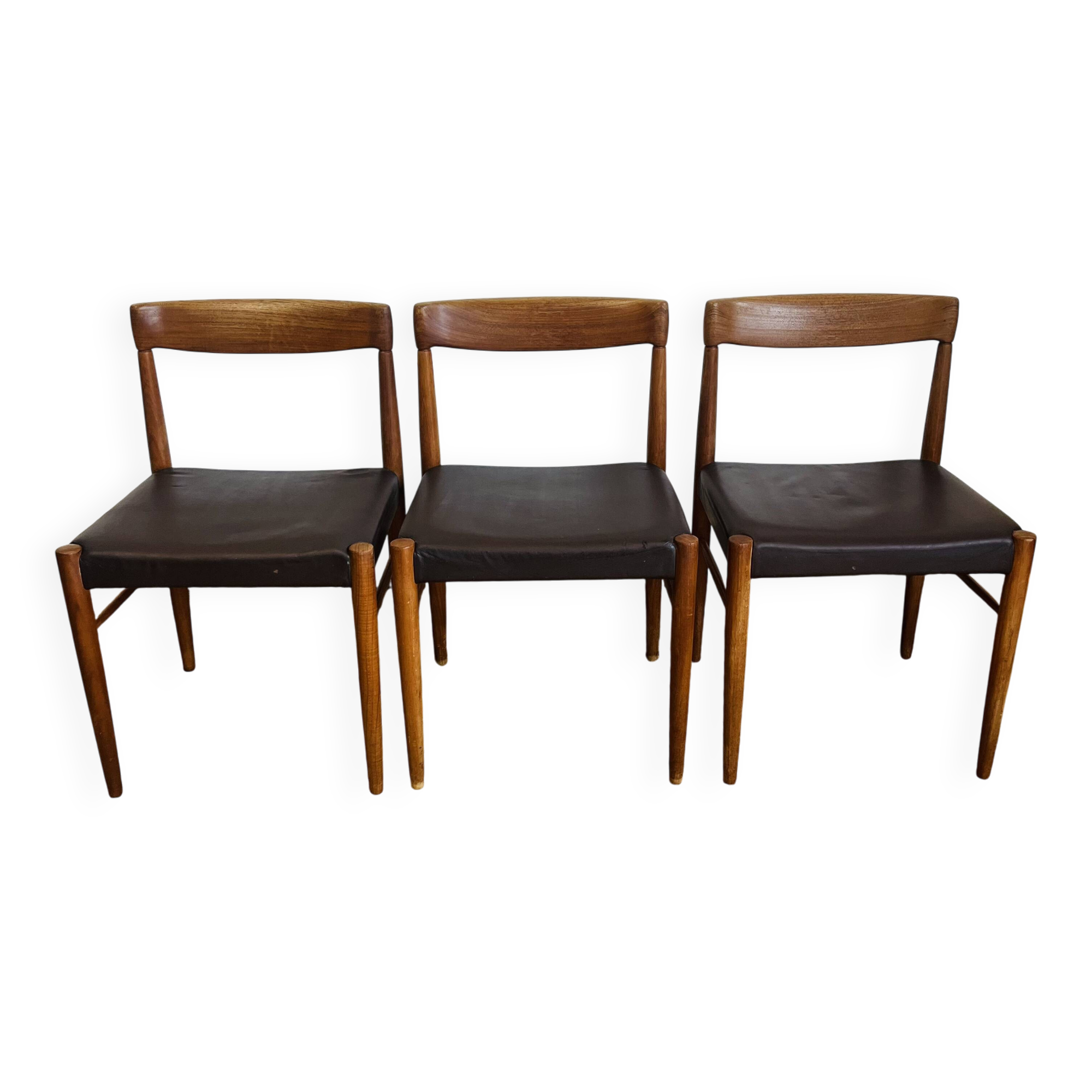 3 vintage Scandinavian chairs in teak and brown leatherette
