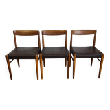 3 vintage Scandinavian chairs in teak and brown leatherette