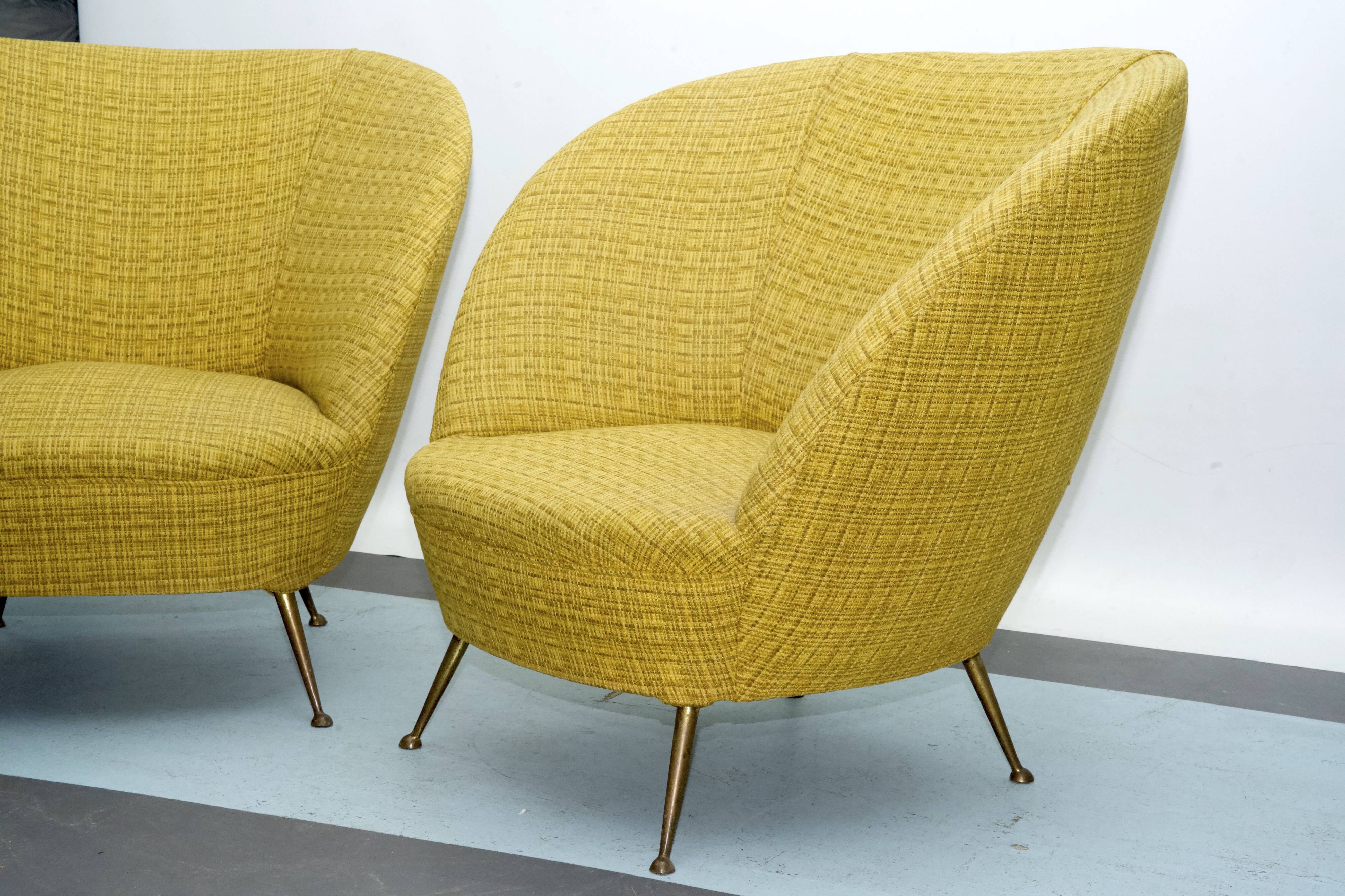 Pair of Ico Parisi-Style Armchairs in Original Fabric, Italy, 1950s