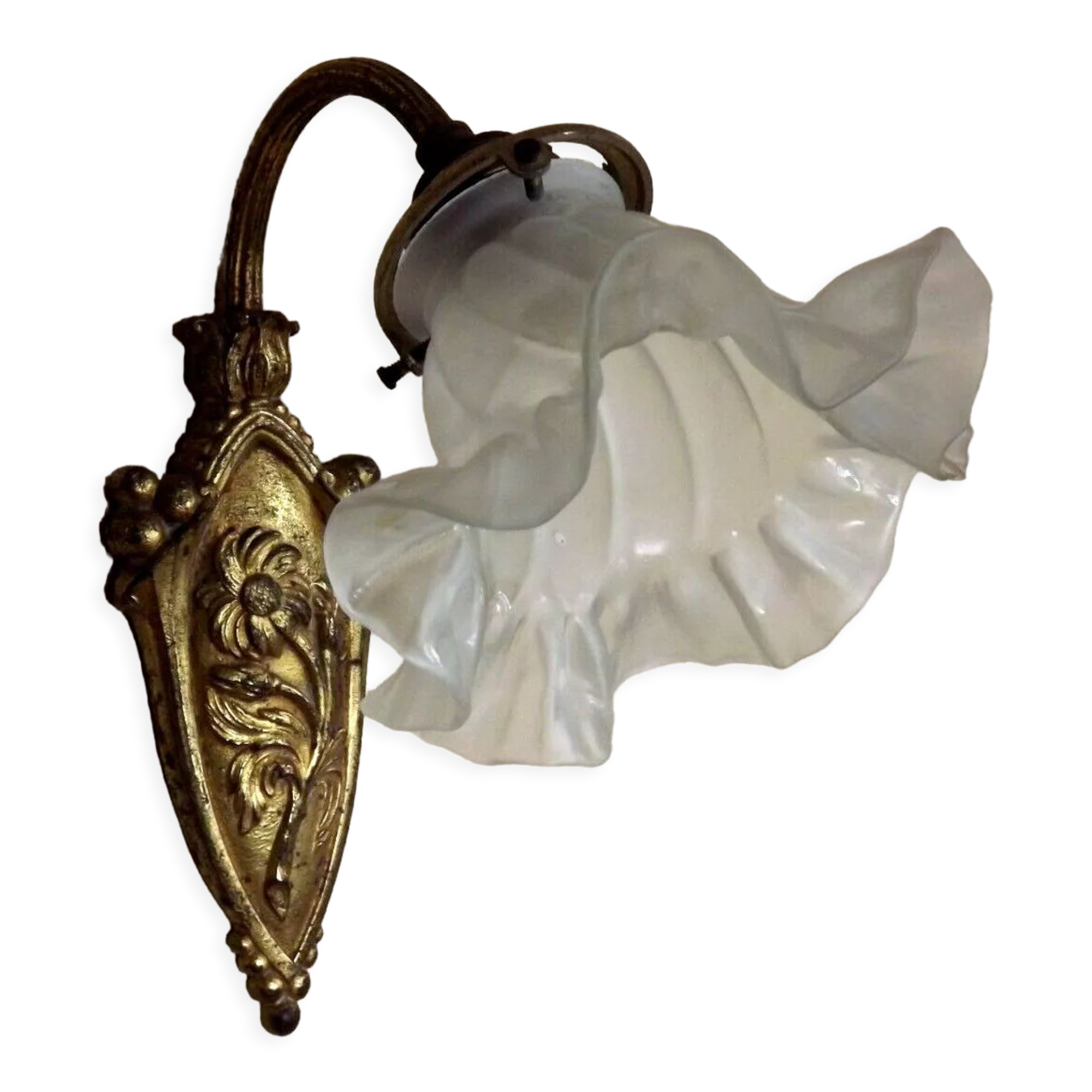 French art nouveau bronze wall light white frilled patterned glass shade 4213