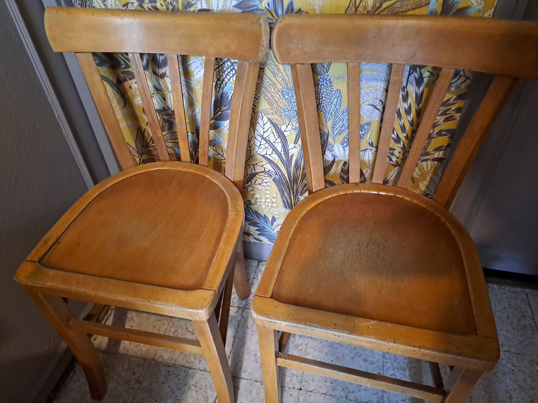 Set of 2 blond wood bistro chairs 1940