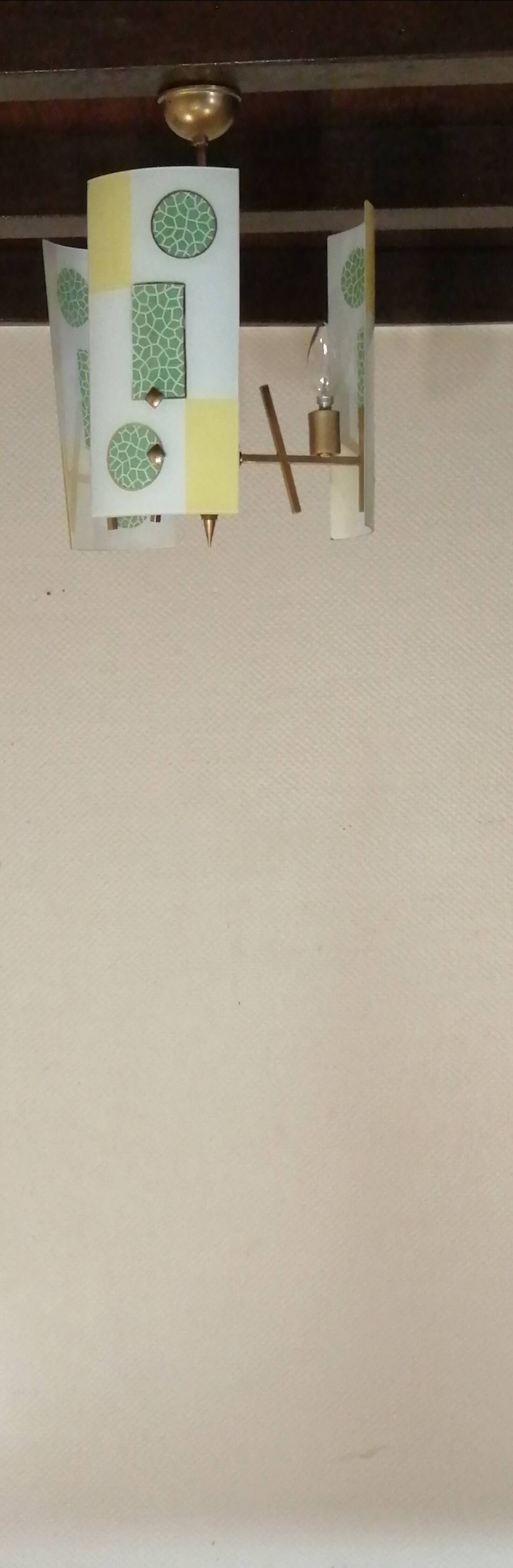 Golden chandelier and glass plates, art deco, vintage style Strangfeld und Gregor Radeberg Dresden 1950