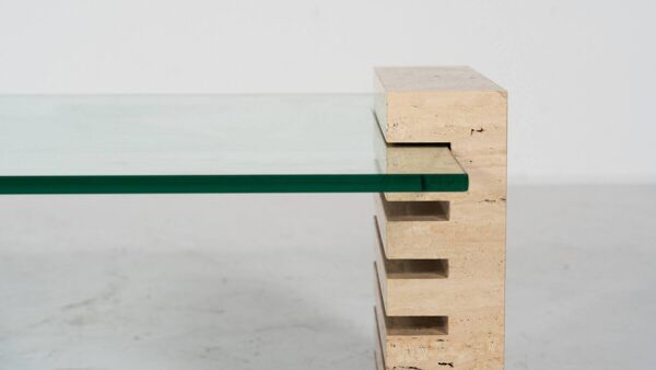 Mid-Century Modern Coffee Table, Glass and Travertine, Italy, 1970S