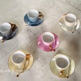 6 mocha coffee cups with saucers and spoons, colorful, golden handle, from the 60s