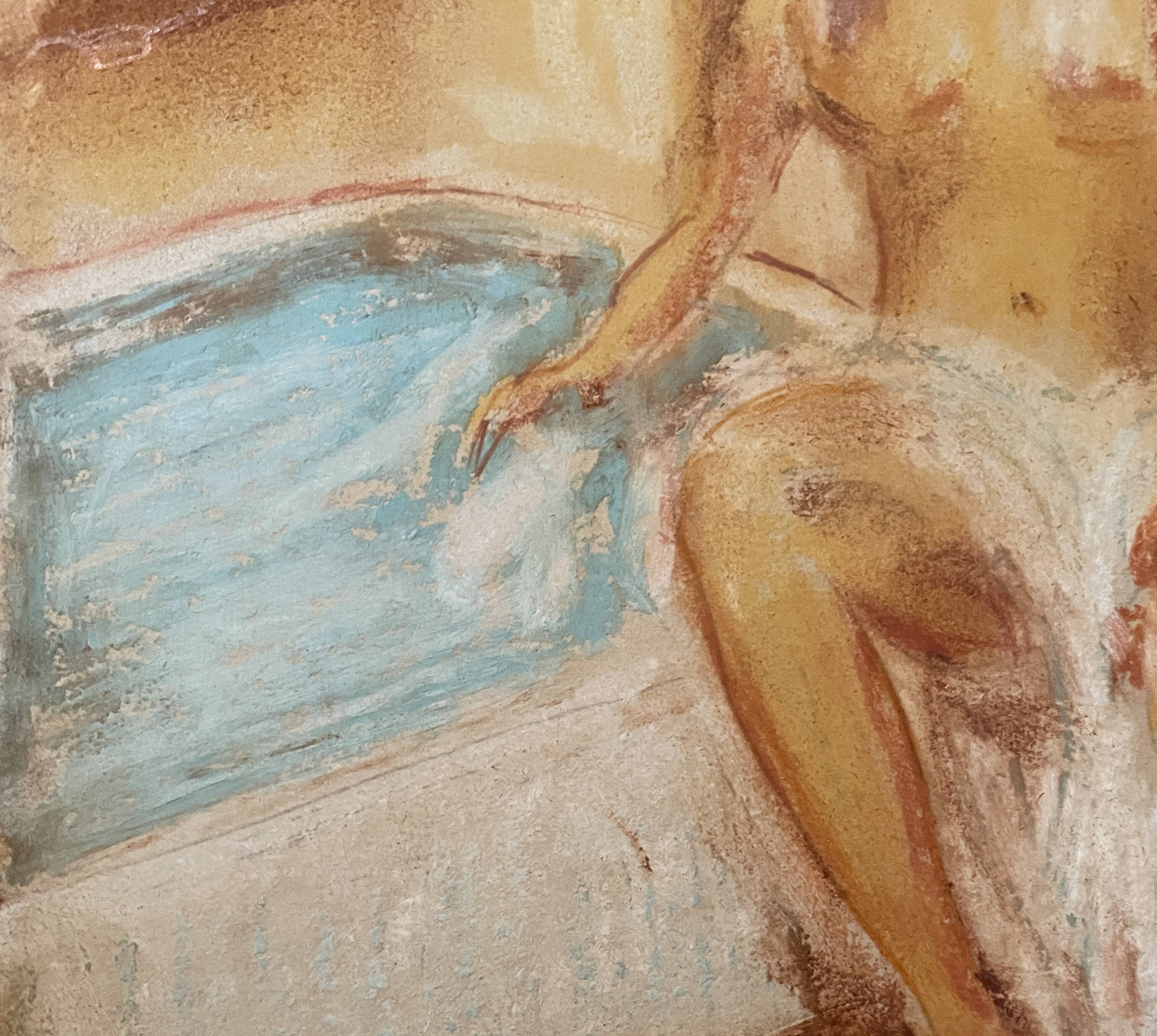 Signed pastel painting "The Bath" featuring a female portrait.