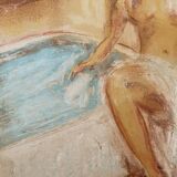 Tableau signé pastel  portrait féminin « le bain »