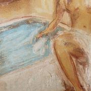 Tableau signé pastel  portrait féminin « le bain »