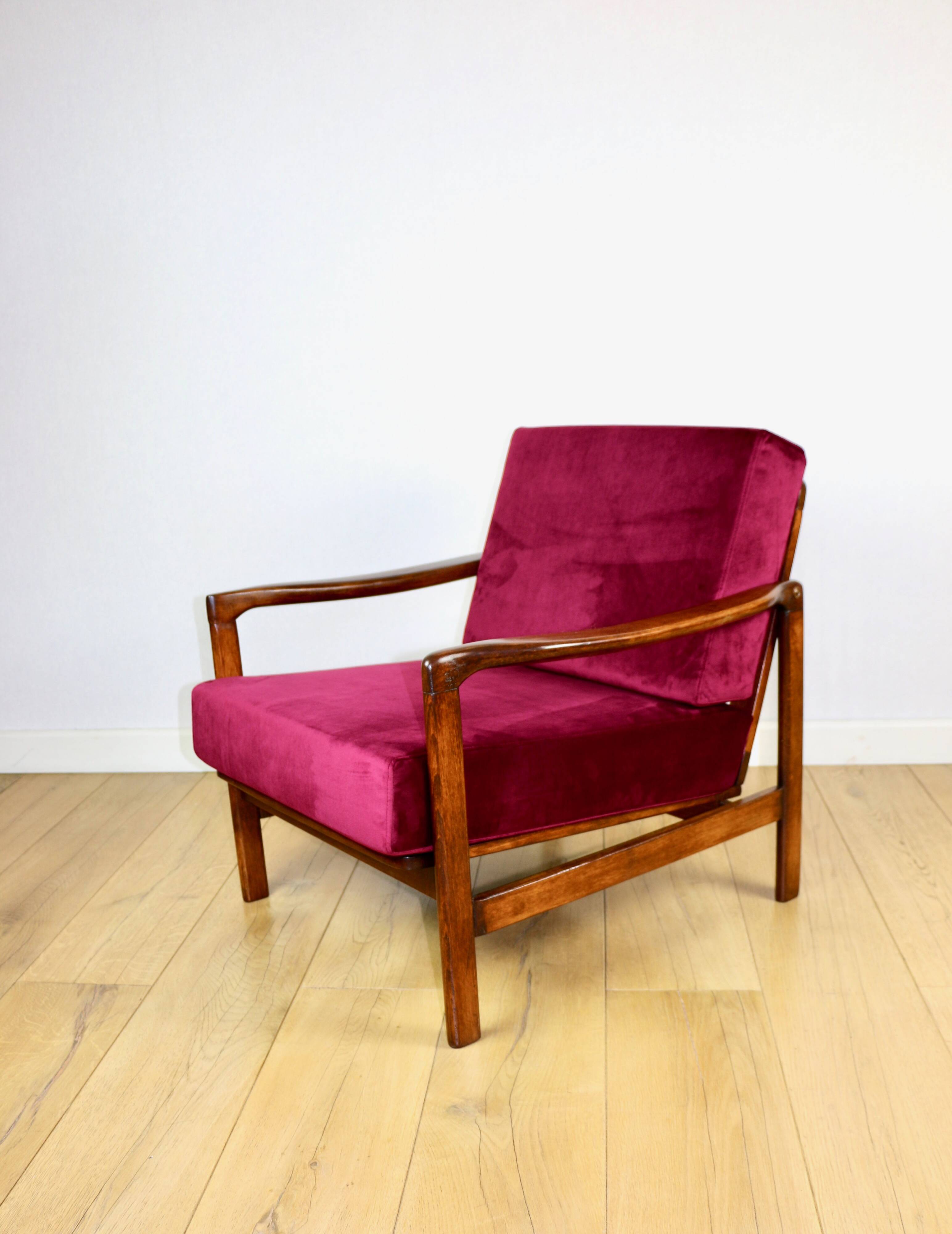Wooden vintage brown armchair, burgundy raspberry, design by Z. Bączyk - 2 pieces available