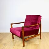 Wooden vintage brown armchair, burgundy raspberry, design by Z. Bączyk - 2 pieces available
