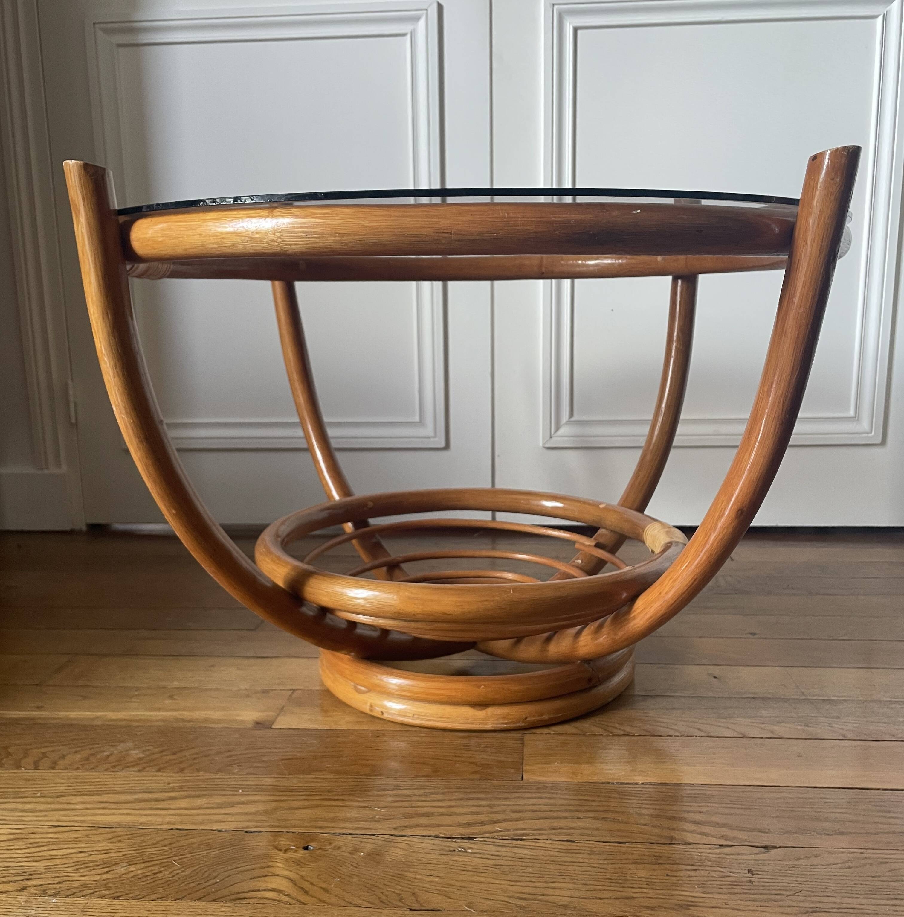 Vintage rattan coffee table with smoked glass top