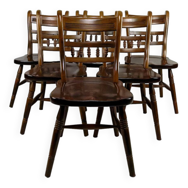 Lot de 6 chaises ''Windsor'' / Western / Cowboy en hêtre, Circa 1970